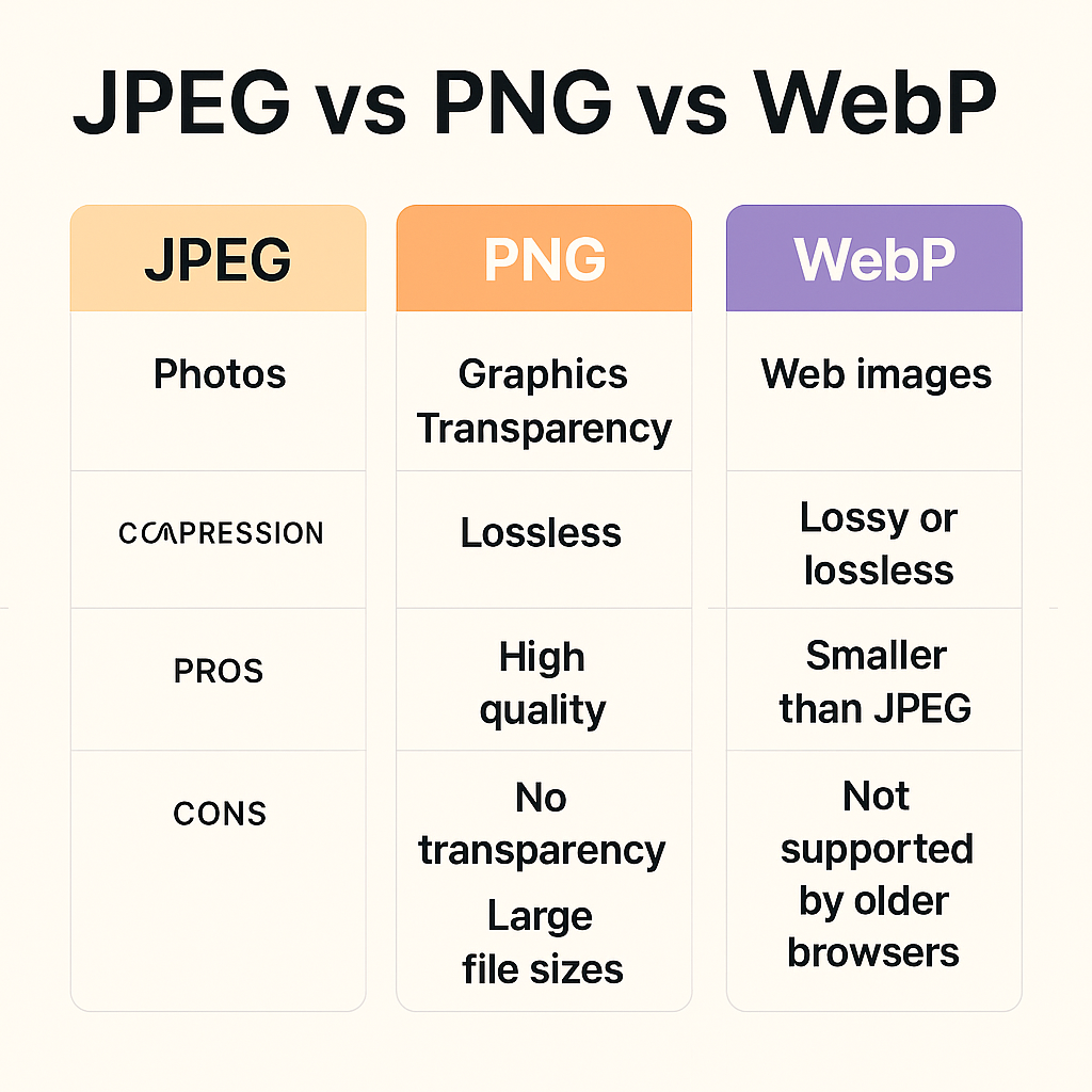 Comparison of JPEG vs PNG vs WebP formats